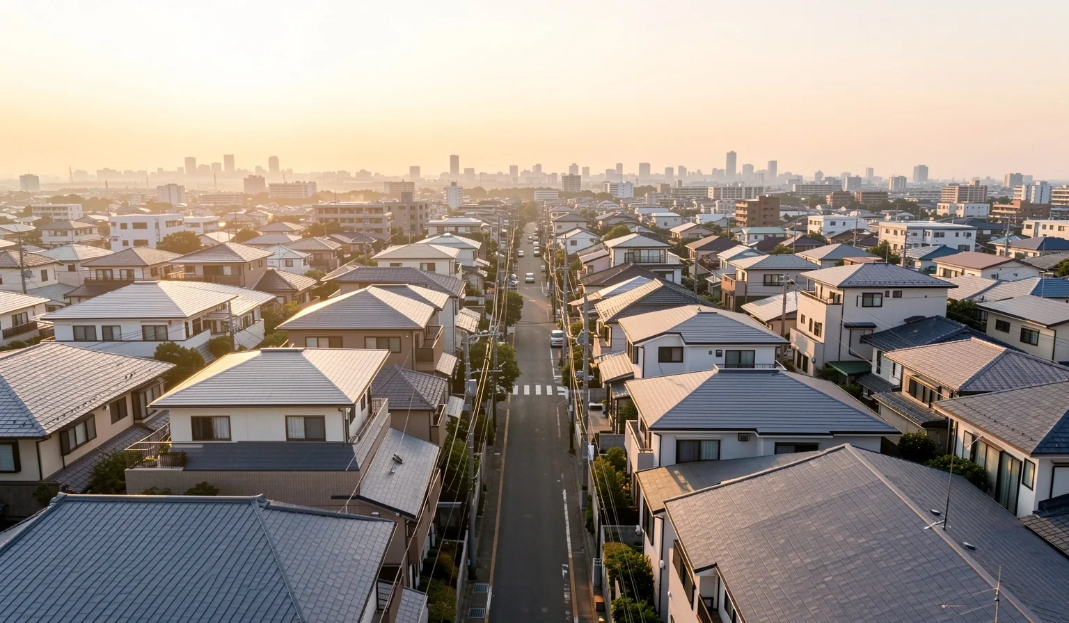 早朝の東京の住宅地と水平線