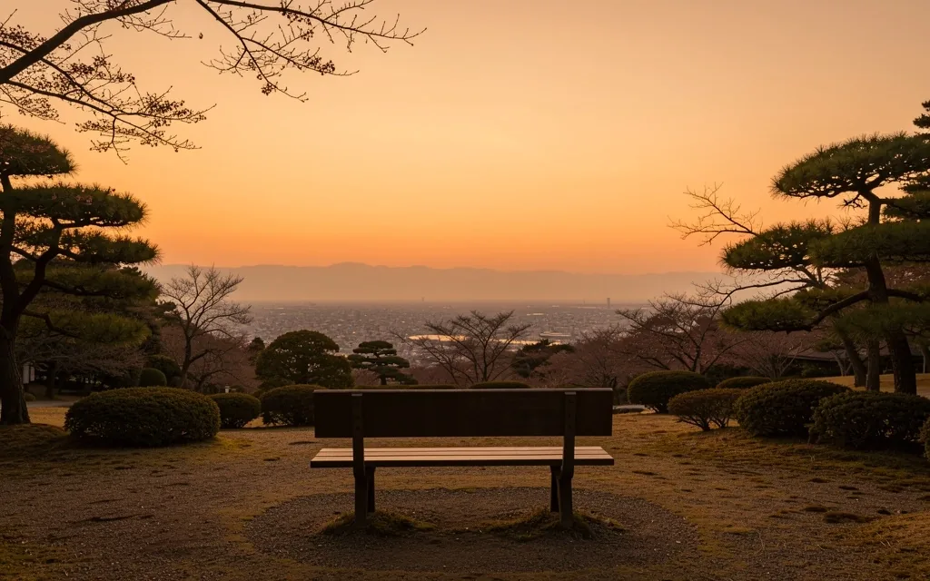 公園のベンチから見る夕方の景色